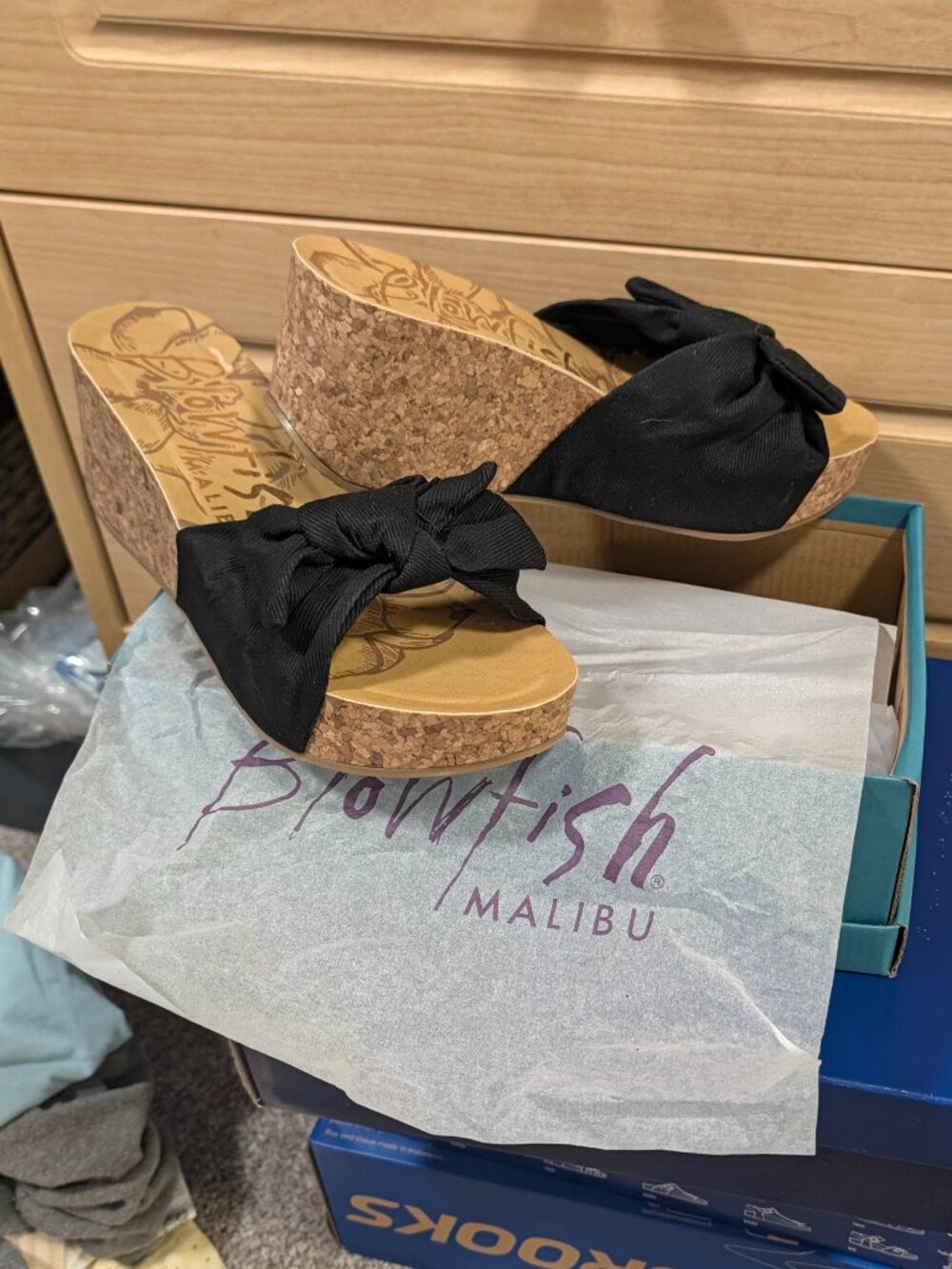 Blowfish Malibu black fabric bow cork wedge sandals